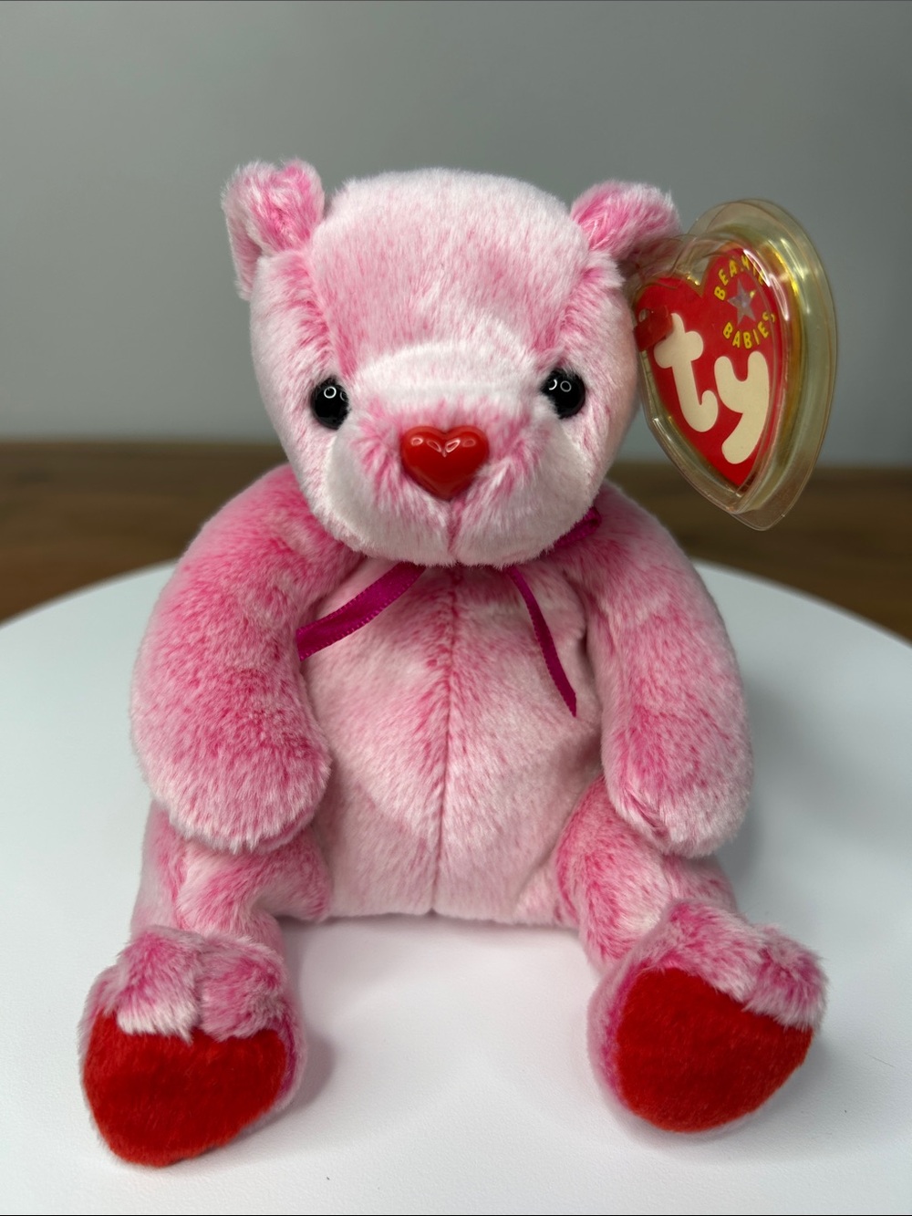 3/$25🌻 2001 TY Beanie Baby Romance Pink Valentine Bear w/ Tags & Acrylic Case